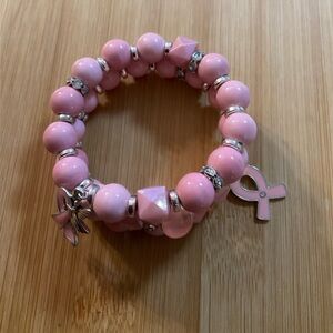 Hand Crafted Wrap Bracelet Breast Cancer Awareness Pink Silver Charm Rhinestones